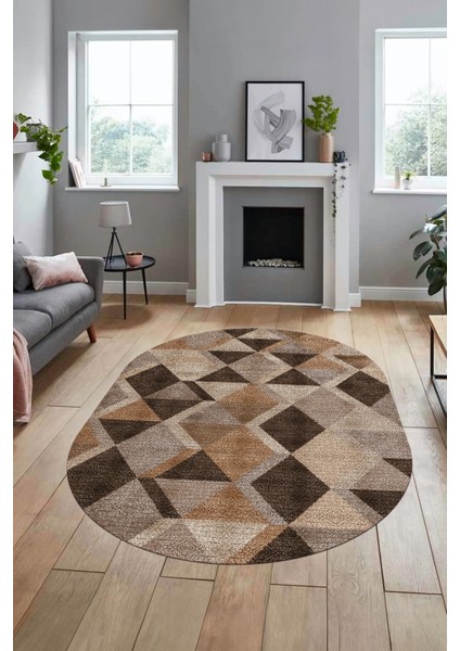 Baklava Desen Baskılı Kaymaz Taban Yıkanabilir Modern Oval Yolluk Salon Halısı O-MODERN-103-KAHVE