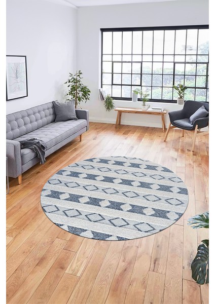 Baskılı Kaymaz Yıkanabilir Kilim Desen Yuvarlak Mutfak Halısı Salon Halısı Y-Modern-64-Mavi