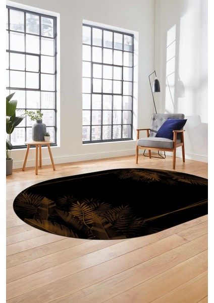 Modern Yaprak Desen Dijital Kaymaz Yıkanabilir Oval Yolluk Mutfak Salon Halısı O-Modern-26-Kahve