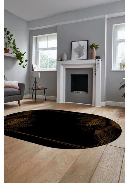 Modern Yaprak Desen Dijital Kaymaz Yıkanabilir Oval Yolluk Mutfak Salon Halısı O-Modern-26-Kahve modelleri
