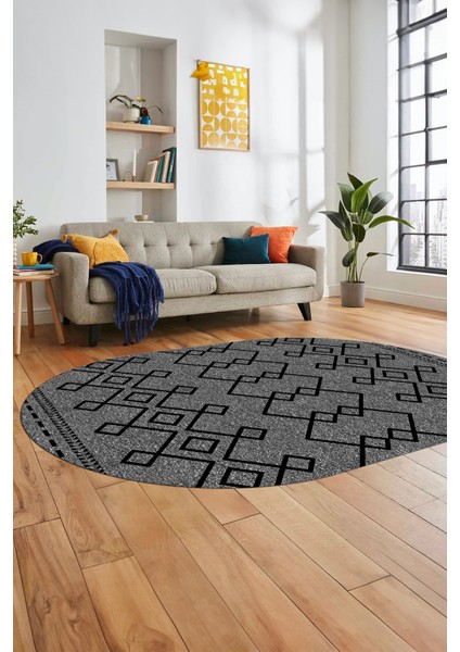 Sade Desen Özel Tasarım Dijital Kaymaz Yıkanabilir Oval Yolluk Salon Halısı O-Modern-87-Gri