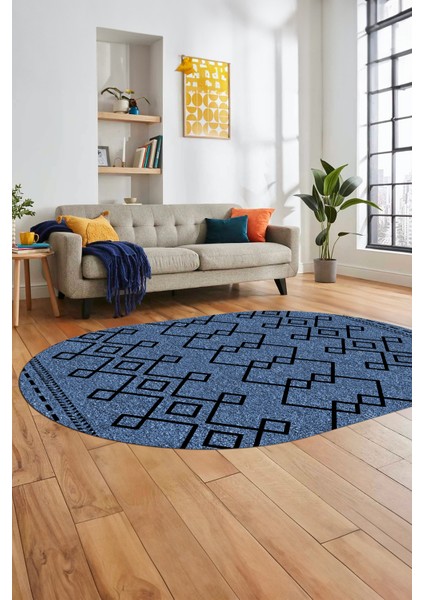 Sade Desen Özel Tasarım Dijital Kaymaz Yıkanabilir Oval Yolluk Salon Halısı O-Modern-87-Mavi