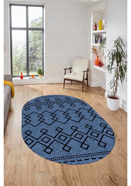 Sade Desen Özel Tasarım Dijital Kaymaz Yıkanabilir Oval Yolluk Salon Halısı O-Modern-87-Mavi fiyatları