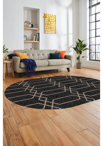 Şık Sade Desen Özel Dijital Kaymaz Yıkanabilir Oval Yolluk Salon Halısı O-Modern-88-Antrasit