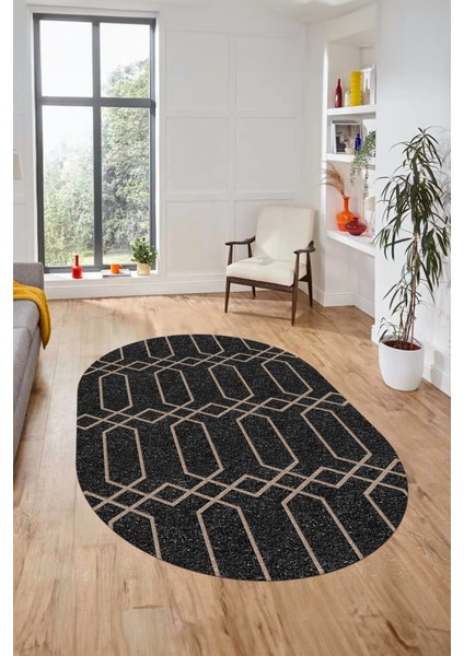 Şık Sade Desen Özel Dijital Kaymaz Yıkanabilir Oval Yolluk Salon Halısı O-Modern-88-Antrasit