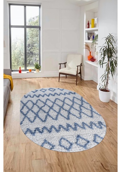 Modern Kilim Desen Dijital Kaymaz Yıkanabilir Oval Yolluk Mutfak Salon Halısı O-Modern-92-Mavi
