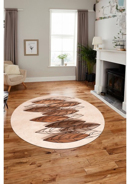 Baskılı Kaymaz Taban Yıkanabilir Yaprak Desenli Mutfak Yuvarlak Salon Halısı Y-Modern-08-Kahve
