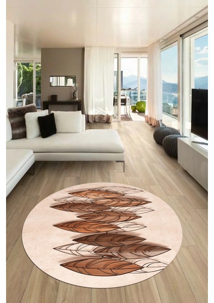 Baskılı Kaymaz Taban Yıkanabilir Yaprak Desenli Mutfak Yuvarlak Salon Halısı Y-Modern-08-Kahve