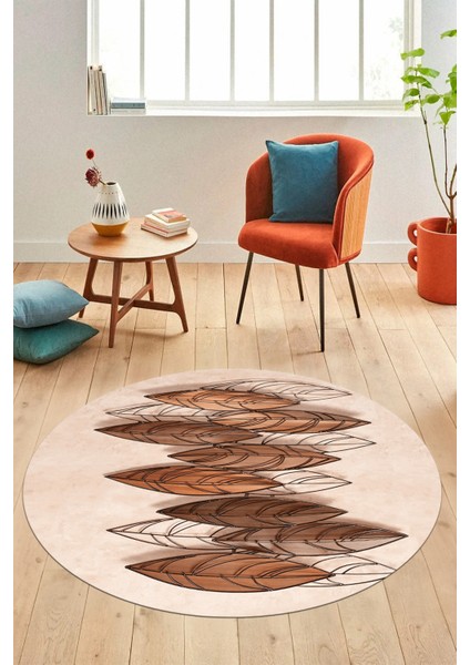 Baskılı Kaymaz Taban Yıkanabilir Yaprak Desenli Mutfak Yuvarlak Salon Halısı Y-Modern-08-Kahve