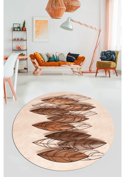 Baskılı Kaymaz Taban Yıkanabilir Yaprak Desenli Mutfak Yuvarlak Salon Halısı Y-Modern-08-Kahve