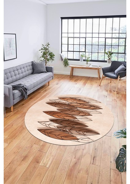 Baskılı Kaymaz Taban Yıkanabilir Yaprak Desenli Mutfak Yuvarlak Salon Halısı Y-Modern-08-Kahve