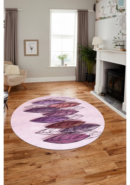 Baskılı Kaymaz Taban Yıkanabilir Yaprak Desenli Mutfak Yuvarlak Salon Halısı Y-Modern-08-Mor