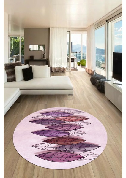 Baskılı Kaymaz Taban Yıkanabilir Yaprak Desenli Mutfak Yuvarlak Salon Halısı Y-Modern-08-Mor fiyatları