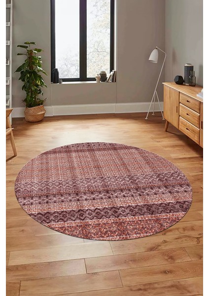 Baskılı Kaymaz Yıkanabilir Şık Kilim Desen Yuvarlak Mutfak Halısı Salon Halısı Y-Modern-70-Bordo