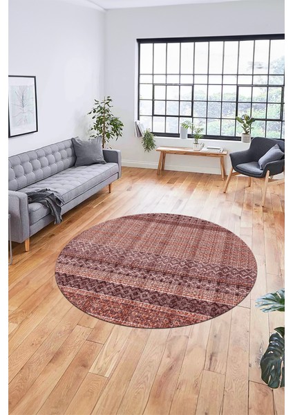 Baskılı Kaymaz Yıkanabilir Şık Kilim Desen Yuvarlak Mutfak Halısı Salon Halısı Y-Modern-70-Bordo