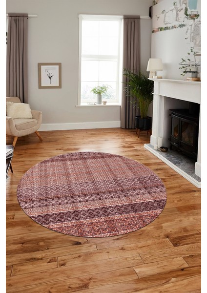 Baskılı Kaymaz Yıkanabilir Şık Kilim Desen Yuvarlak Mutfak Halısı Salon Halısı Y-Modern-70-Bordo