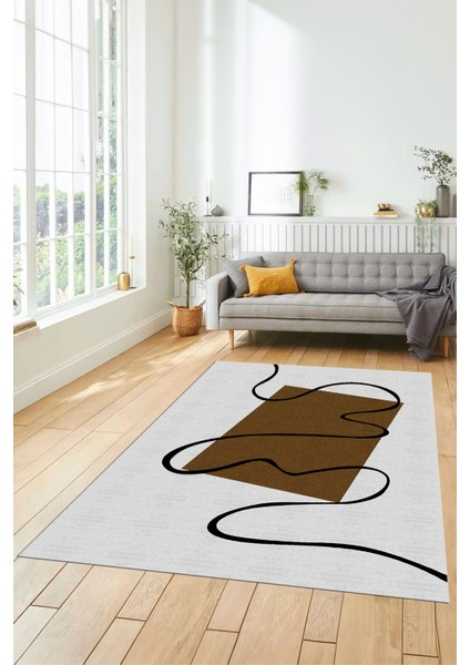 Baskılı Kaymaz Yıkanabilir Modern Yolluk Mutfak Halısı Salon Halısı Modern-61-Kahve