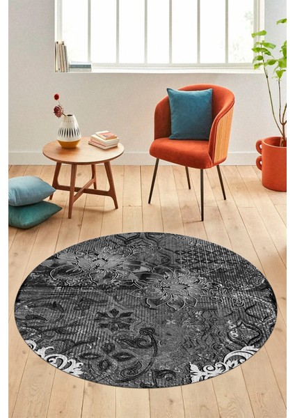 Çiçekli Modern Desen Dijital Kaymaz Yıkanabilir Yuvarlak Mutfak Salon Halısı Y-Modern-15-Antrasit modelleri