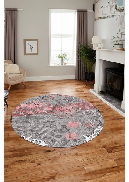 Çiçekli Modern Desen Dijital Kaymaz Yıkanabilir Yuvarlak Mutfak Salon Halısı Y-Modern-15-Pembe