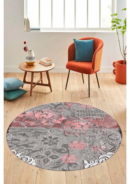 Çiçekli Modern Desen Dijital Kaymaz Yıkanabilir Yuvarlak Mutfak Salon Halısı Y-Modern-15-Pembe modelleri