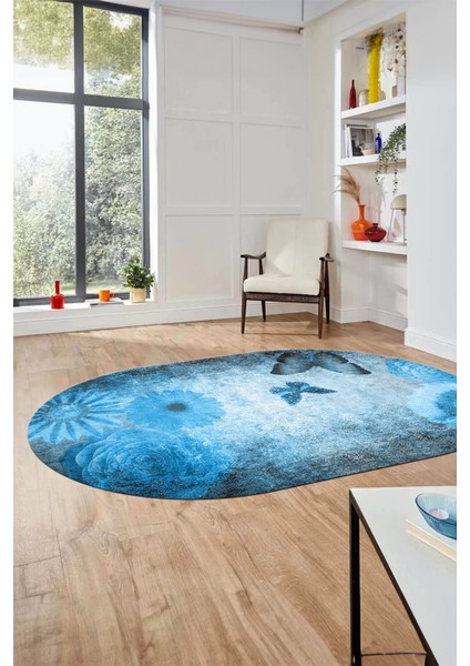 Baskılı Kaymaz Taban Yıkanabilir Modern Oval Yolluk Mutfak Salon Halısı O-MODERN-109-MAVİ