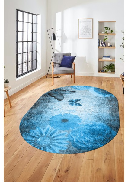 Baskılı Kaymaz Taban Yıkanabilir Modern Oval Yolluk Mutfak Salon Halısı O-MODERN-109-MAVİ fiyatları