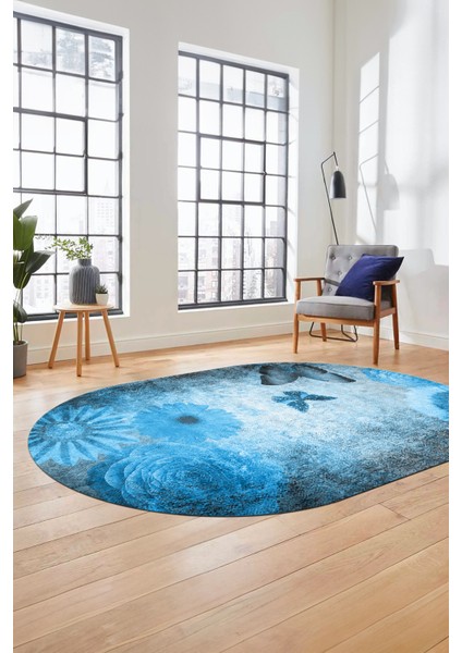 Baskılı Kaymaz Taban Yıkanabilir Modern Oval Yolluk Mutfak Salon Halısı O-MODERN-109-MAVİ modelleri