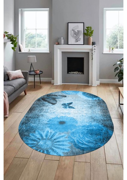 Baskılı Kaymaz Taban Yıkanabilir Modern Oval Yolluk Mutfak Salon Halısı O-MODERN-109-MAVİ fırsatları