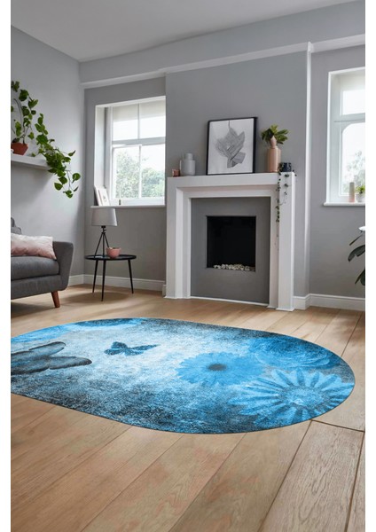 Baskılı Kaymaz Taban Yıkanabilir Modern Oval Yolluk Mutfak Salon Halısı O-MODERN-109-MAVİ indirimleri