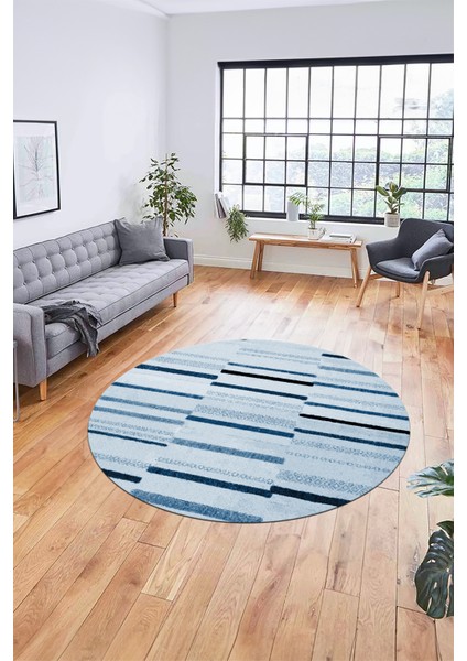 Şık Sade Kilim Desenli Dijital Kaymaz Yıkanabilir Yuvarlak Mutfak Salon Halısı Y-Modern-74-Mavi