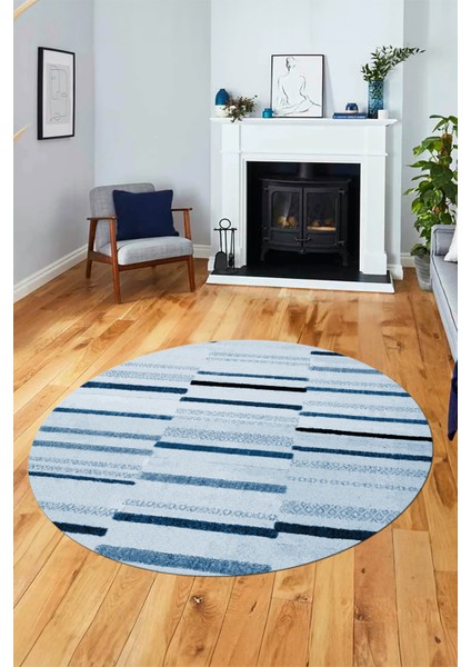Şık Sade Kilim Desenli Dijital Kaymaz Yıkanabilir Yuvarlak Mutfak Salon Halısı Y-Modern-74-Mavi