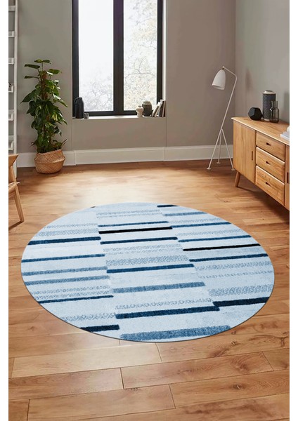 Şık Sade Kilim Desenli Dijital Kaymaz Yıkanabilir Yuvarlak Mutfak Salon Halısı Y-Modern-74-Mavi