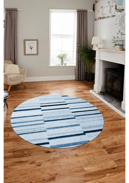 Şık Sade Kilim Desenli Dijital Kaymaz Yıkanabilir Yuvarlak Mutfak Salon Halısı Y-Modern-74-Mavi