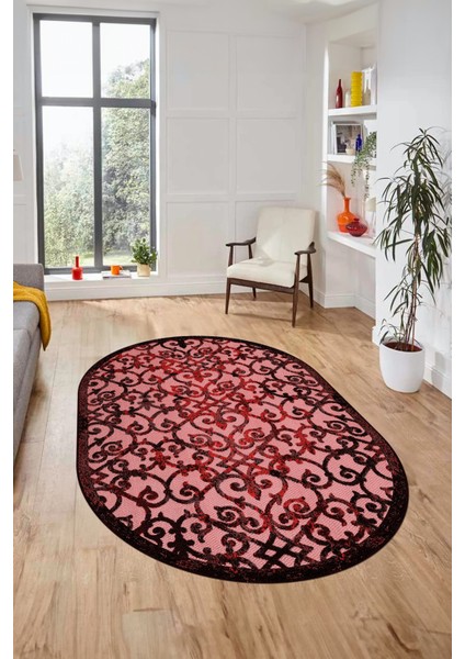 Modern Klasik Desen Dijital Kaymaz Yıkanabilir Oval Yolluk Mutfak Salon Halısı O-Modern-32-Bordo indirimleri