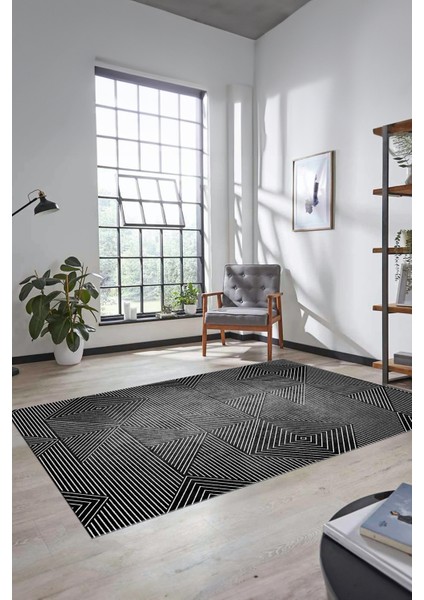 Şık Desen Baskılı Kaymaz Taban Yıkanabilir Modern Yolluk Salon Halısı MODERN-111-ANTRASİT