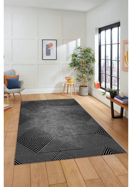 Şık Desen Baskılı Kaymaz Taban Yıkanabilir Modern Yolluk Salon Halısı MODERN-111-ANTRASİT