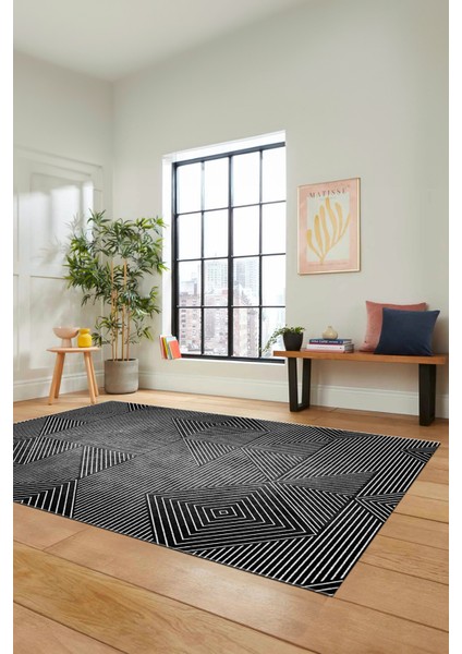 Şık Desen Baskılı Kaymaz Taban Yıkanabilir Modern Yolluk Salon Halısı MODERN-111-ANTRASİT