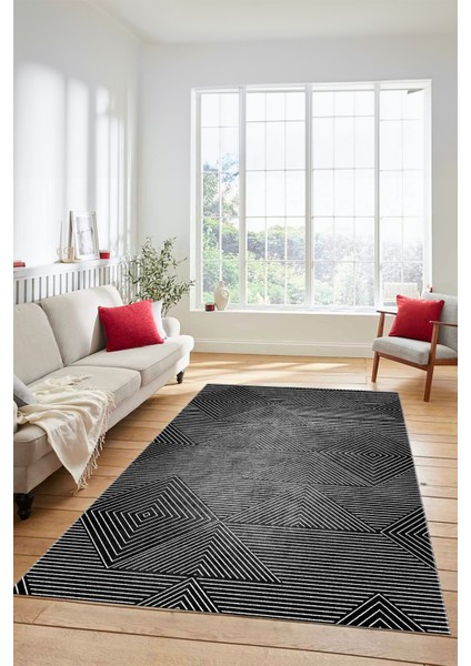 Şık Desen Baskılı Kaymaz Taban Yıkanabilir Modern Yolluk Salon Halısı MODERN-111-ANTRASİT