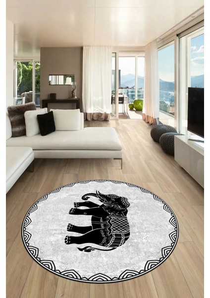 Fil Desen Baskılı Kaymaz Taban Yıkanabilir Modern Yuvarlak Salon Halısı Y-MODERN-101-GRİ fırsatları