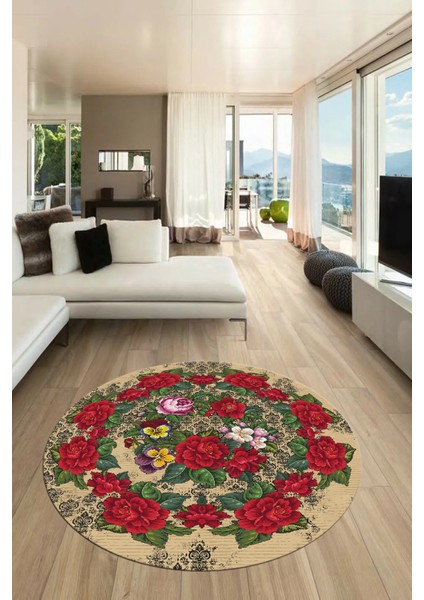 Modern Çiçek Desenli Dijital Kaymaz Yıkanabilir Yuvarlak Mutfak Salon Halısı Y-Modern-21-Krem