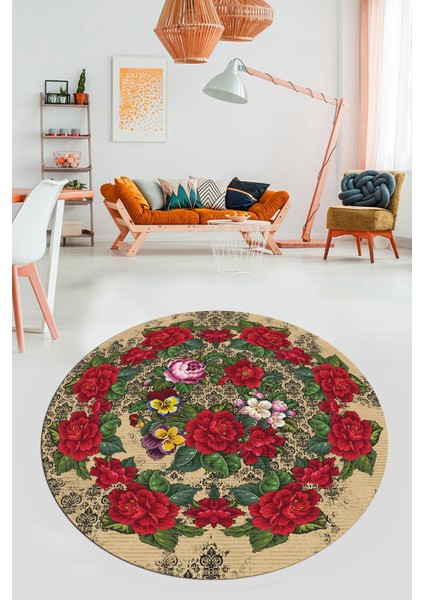 Modern Çiçek Desenli Dijital Kaymaz Yıkanabilir Yuvarlak Mutfak Salon Halısı Y-Modern-21-Krem