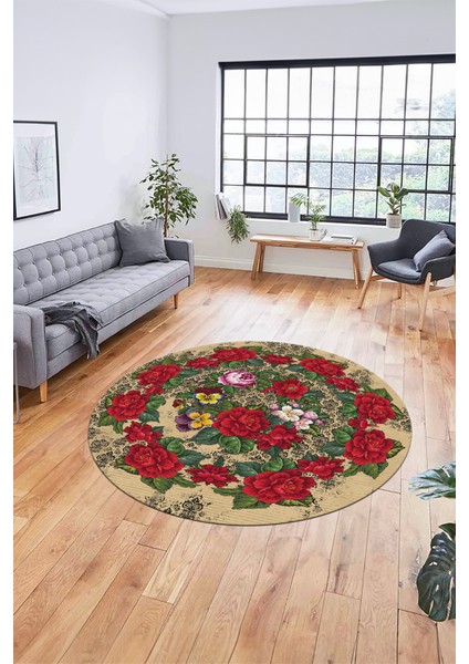Modern Çiçek Desenli Dijital Kaymaz Yıkanabilir Yuvarlak Mutfak Salon Halısı Y-Modern-21-Krem fırsatları