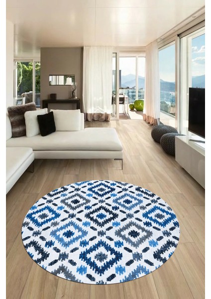 Baklava Desenli Dijital Kaymaz Yıkanabilir Yuvarlak Mutfak Salon Halısı Y-Modern-23-Mavi