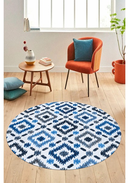 Baklava Desenli Dijital Kaymaz Yıkanabilir Yuvarlak Mutfak Salon Halısı Y-Modern-23-Mavi