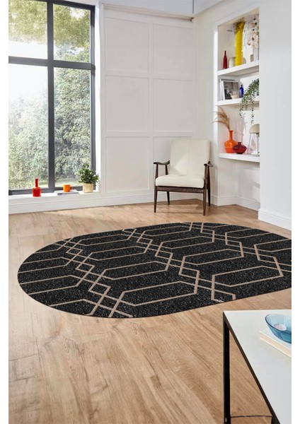 Şık Sade Desen Özel Dijital Kaymaz Yıkanabilir Oval Yolluk Salon Halısı O-Modern-88-Antrasit modelleri