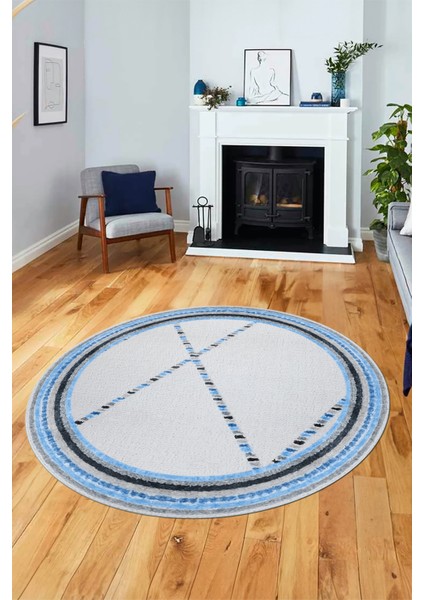 Renkli Modern Kilim Desen Kaymaz Yıkanabilir Yuvarlak Mutfak Salon Halısı Y-Modern-76-Mavi