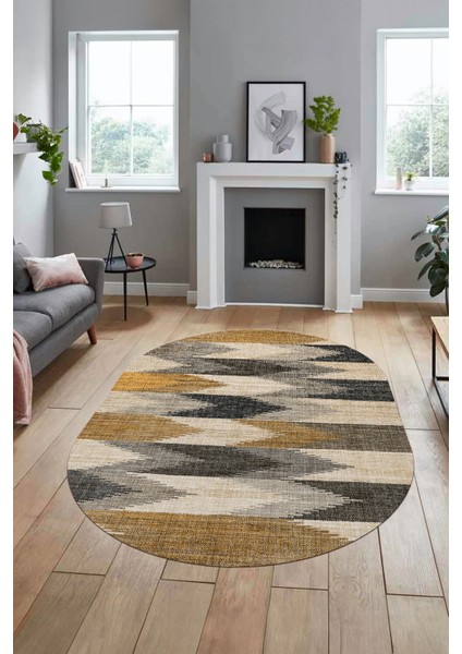 Renkli Desen Baskılı Kaymaz Taban Yıkanabilir Modern Oval Yolluk Salon Halısı O-MODERN-104-KAHVE indirimleri
