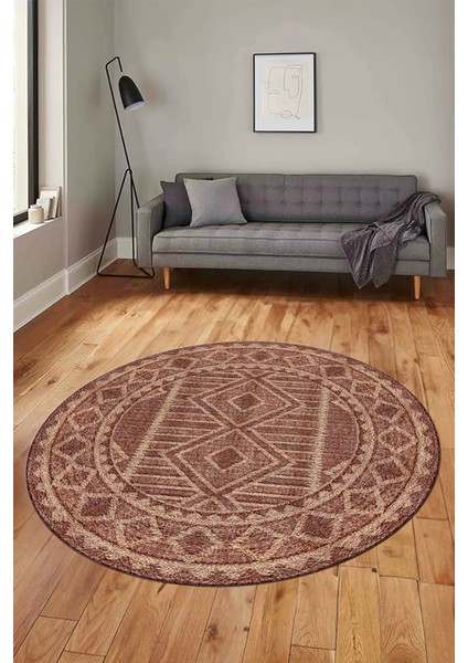Kilim Desen Baskılı Kaymaz Taban Yıkanabilir Modern Yuvarlak Salon Halısı Y-MODERN-108-BORDO