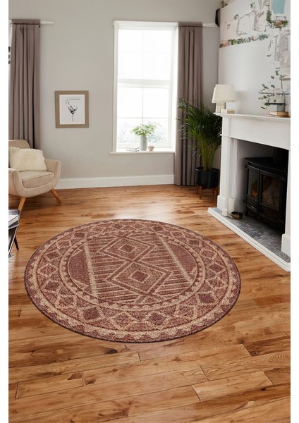 Kilim Desen Baskılı Kaymaz Taban Yıkanabilir Modern Yuvarlak Salon Halısı Y-MODERN-108-BORDO