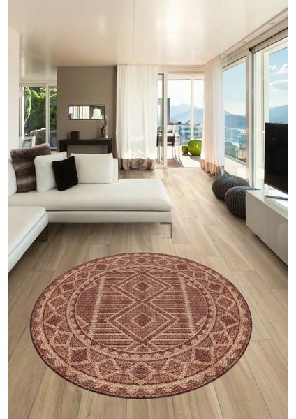 Kilim Desen Baskılı Kaymaz Taban Yıkanabilir Modern Yuvarlak Salon Halısı Y-MODERN-108-BORDO